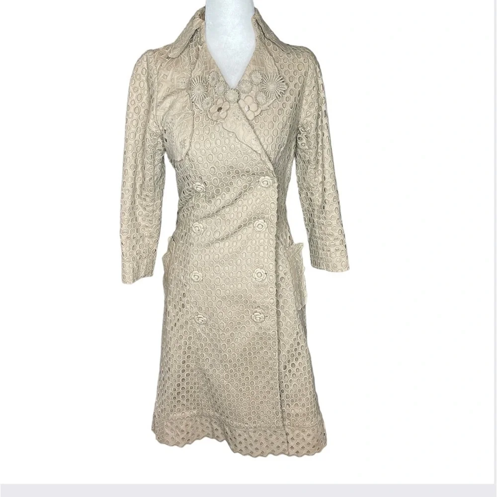 Bryan Lars Paris Lace Trench Coat | Embroidered Floral Eyelet | Size 2